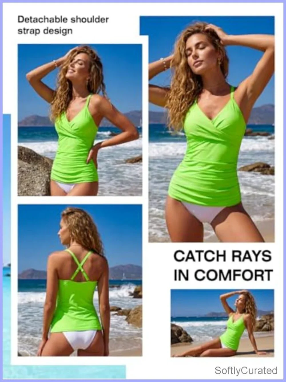 V Neck Tankini Top Ruched Tummy Control Push Up Swimsuit Top